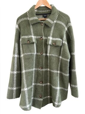 Torrid Eyelash Knit Plaid Shacket Sweater Jacket 1X Olive Green Fuzzy Button Up
